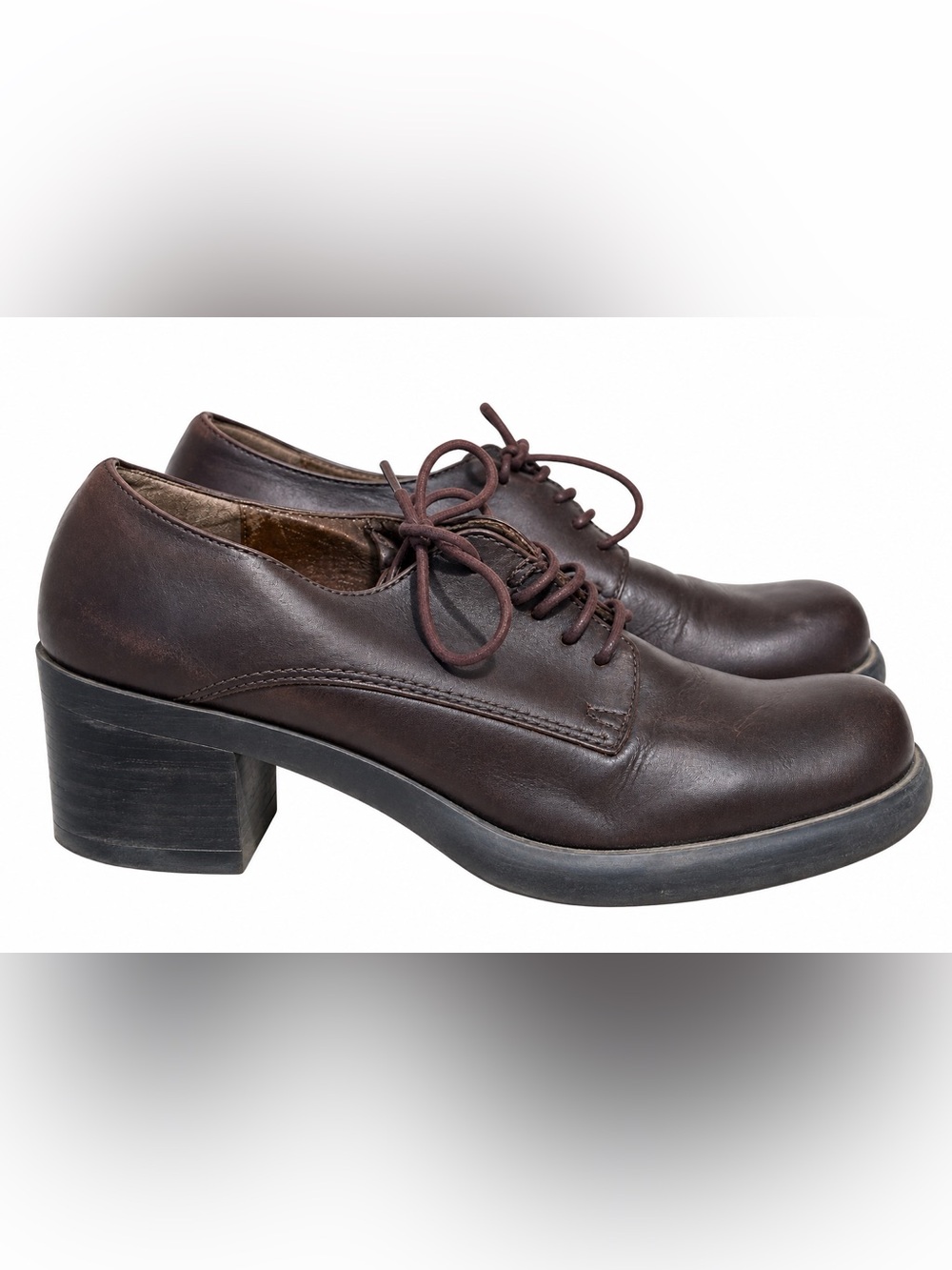 Nine West Crockett Oxfords Shoes Womens 7 Brown Leather Lace Up Chunky Heel Y2K